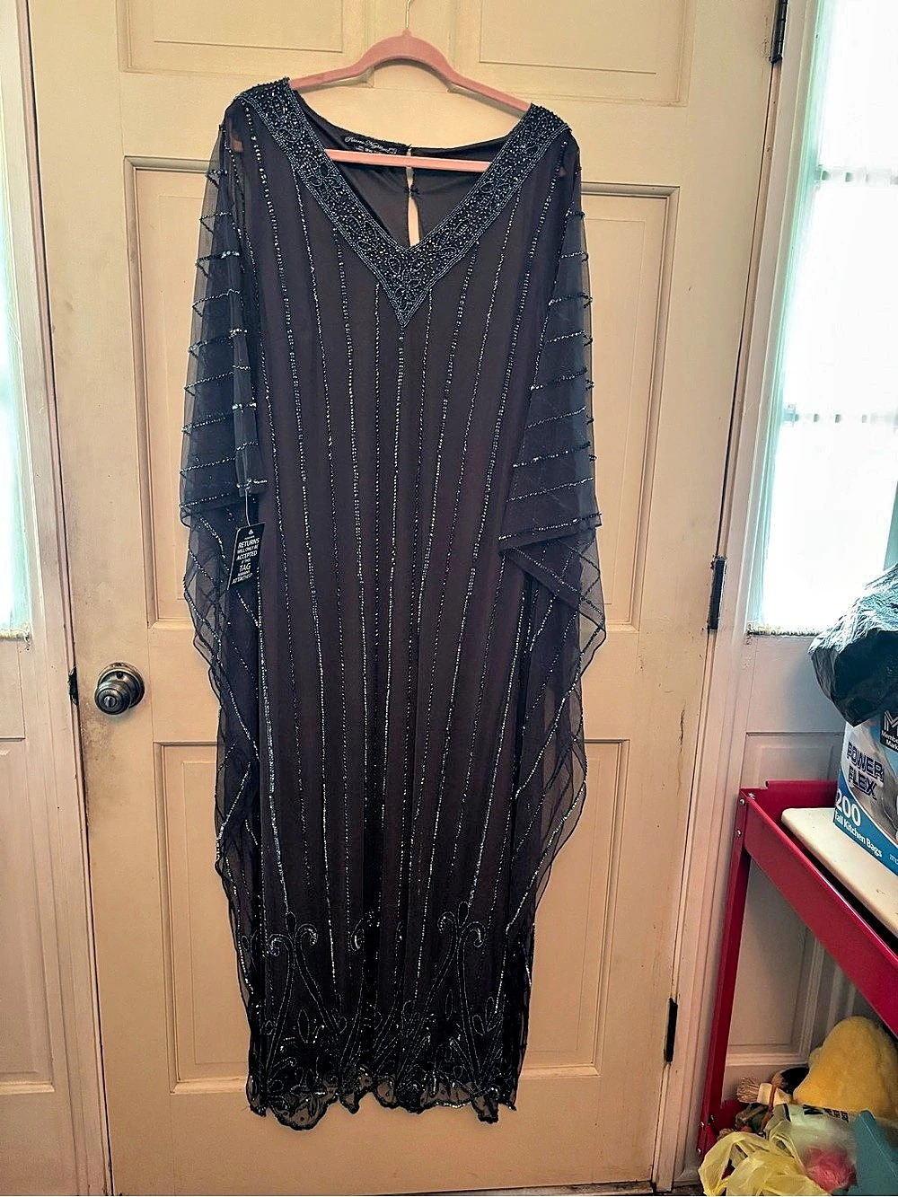 Pisarro Nights Beaded Mesh V-Neck Gown Maxi Dress Black